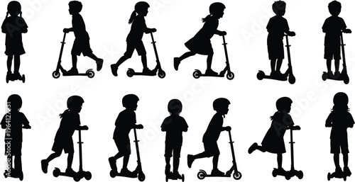 Large collection of vector silhouettes of children in helmets riding and standing with kick scooters on white background