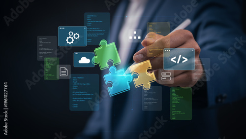 Low code no code development platform concept with professional using stylus on digital interface, application builder tools, cloud integration, and workflow automation for efficient software creation