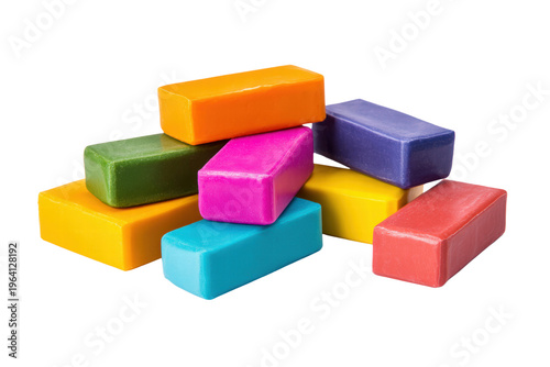 A stack of colorful blocks with a white background. The blocks are of different colors and sizes, and they are arranged in a pyramid shape. Concept of creativity and playfulness, png