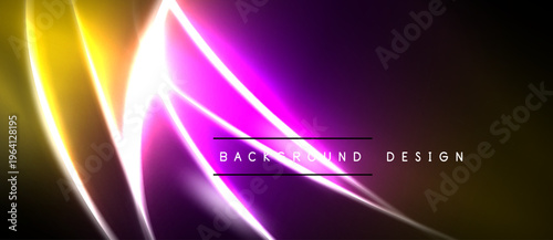 Abstract vibrant lines create dynamic purple, yellow glow. Dark background emphasizes bright energy, modern design elements.