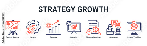 Strategy Growth web banner icon vector illustration with icons of Project Strategy,Future,Success,Analytics,Financial Analysis,Consulting and Design Thinking