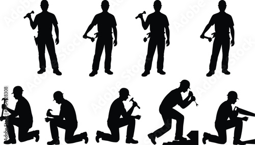Construction worker silhouettes set with hammer kneeling fixing tools builder labor black figures vector illustration collection isolated poses