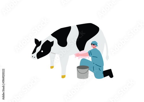 牛の乳搾りをする男性のイラスト