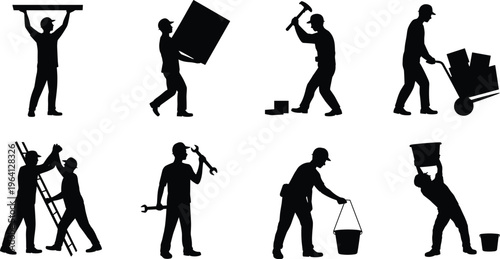 Construction worker silhouettes set with tools and tasks builders carrying lifting hammering bucket ladder isolated black vector illustration collection