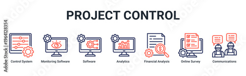 Project Control web banner icon vector illustration with icons of Control System,Monitoring Software,Software,Analytics,Financial Analysis,Online Survey and Communications