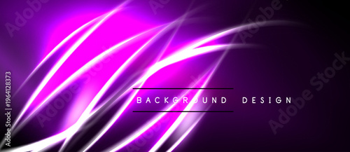 Abstract purple lines create dynamic flow. Bright glow contrasts dark background. Modern design element for digital projects.