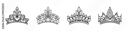 Four ornate crowns in a row on white Background