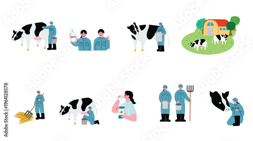 酪農業で働く男女のイラストセット