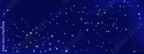 Night sky vector with shimmering stars and blue gradient. Dark universe background featuring milky way, cosmic dust, and sparkling starlight effects.