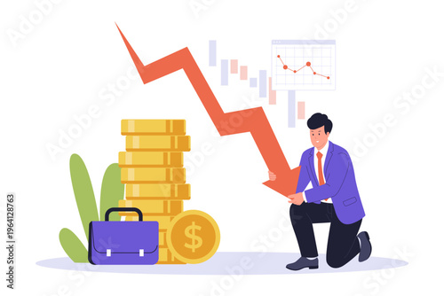 Financial Crisis and Economic Downturn with Falling Stock Prices. A depressed businessman kneeling beside a sharp downward red arrow, representing a financial crisis, and market crash