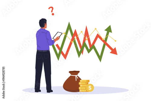 Market Volatility and Investor Confusion in Fluctuating Stock Market. A businessman looking confused while analyzing a chaotic zigzag graph, representing stock market volatility, and price instability