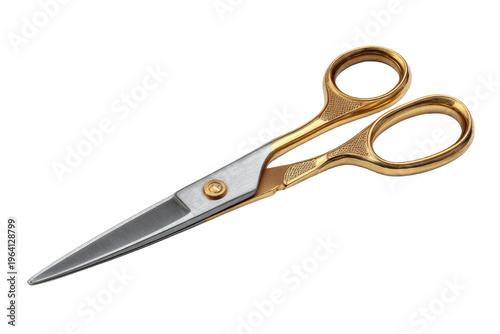 A pair of gold and silver scissors with a silver handle. The scissors are sitting on a white background, png