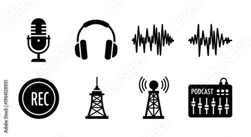 Podcast Recording Equipment Icons: Microphone, Headphones, Sound Waves, Transmitter, Mixer