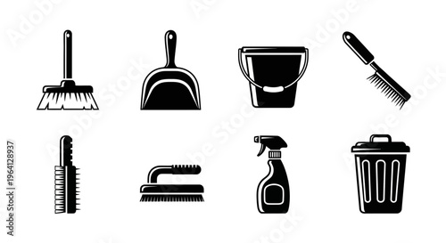 Set of Cleaning Tools Icons: Broom, Dustpan, Bucket, Brushes, Sprayer, Trash Can