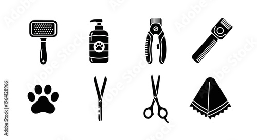 Pet Grooming Tools Icons Set: Brush, Shampoo, Clippers, Trimmer, Paw Print, Scissors, Towel