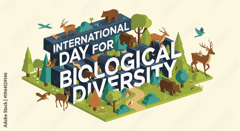 Fototapeta premium International Day for Biological Diversity isometric illustration with forest landscape and wild animal characters in natural muted tones for ecology awareness signage.