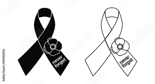 Never Forget Ribbon, Awareness Ribbon, Memorial Vector Icons, Black and White Ribbons