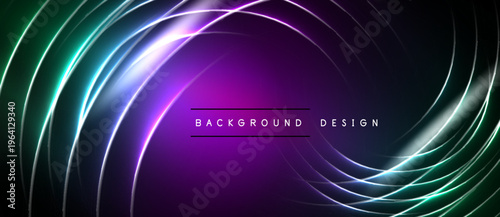 Dark abstract background. Swirling neon lines create dynamic visual effect. Purple, green hues dominate composition. Text reads background design.