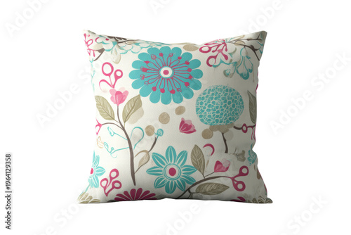 A pillow with a flowery pattern in blue and pink. The pillow is white and has a blue and pink flower pattern, png