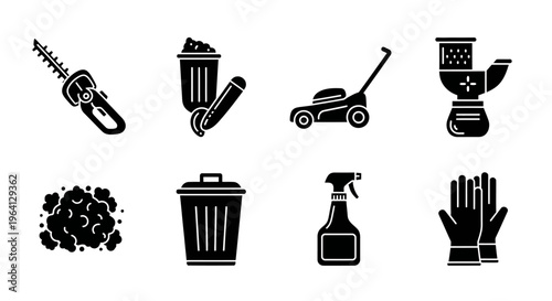 Gardening Tools and Supplies Icons Set: Lawn Mower, Trimmer, Gloves, Sprayer, Trash Can