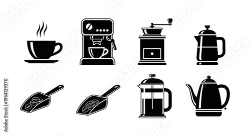 Coffee Making Equipment Icons: Cup, Machine, Grinder, Pots, Scoops, French Press