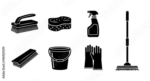 Cleaning Supplies Icons: Brush, Sponge, Spray Bottle, Mop, Bucket, Gloves