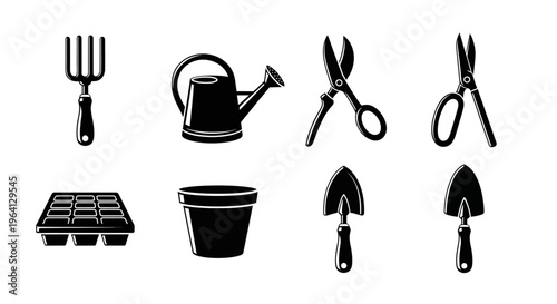 Gardening Tools Set Icon Vector Illustration: Fork, Watering Can, Scissors, Trowel, Pot, Seed Tray