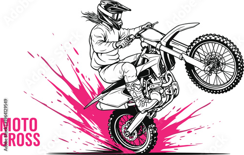 Motocross rider performing a wheelie with pink splash effect and moto cross text on white background vector illustration.