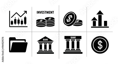 Financial Investment Icons: Growth, Money, Bank, Data Analysis, Portfolio Management