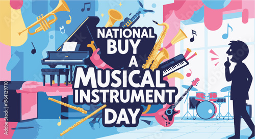 Vibrant musical instruments poster in colorful playful illustration for music store promotion