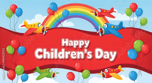 Colorful Children's Day Celebration with Cartoon Airplanes and Balloons illustration