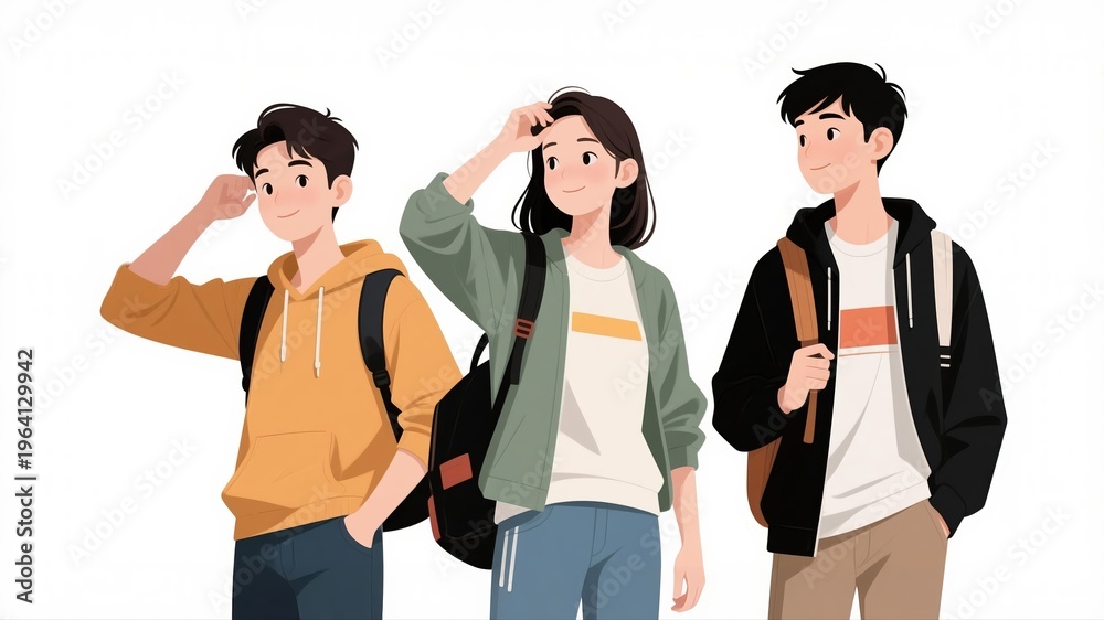 Fototapeta premium Three students with backpacks