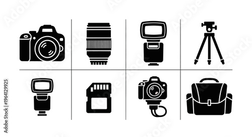 Photography Equipment Icons: Camera, Lens, Flash, Tripod, SD Card, Bag