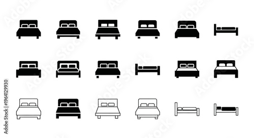 Collection of Bed Icons: Various Styles and Perspectives for Interior Design and Sleep Concepts
