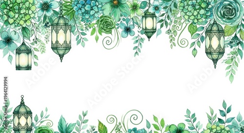 Elegant Emerald Watercolor Floral Border with Ornamental Lanterns