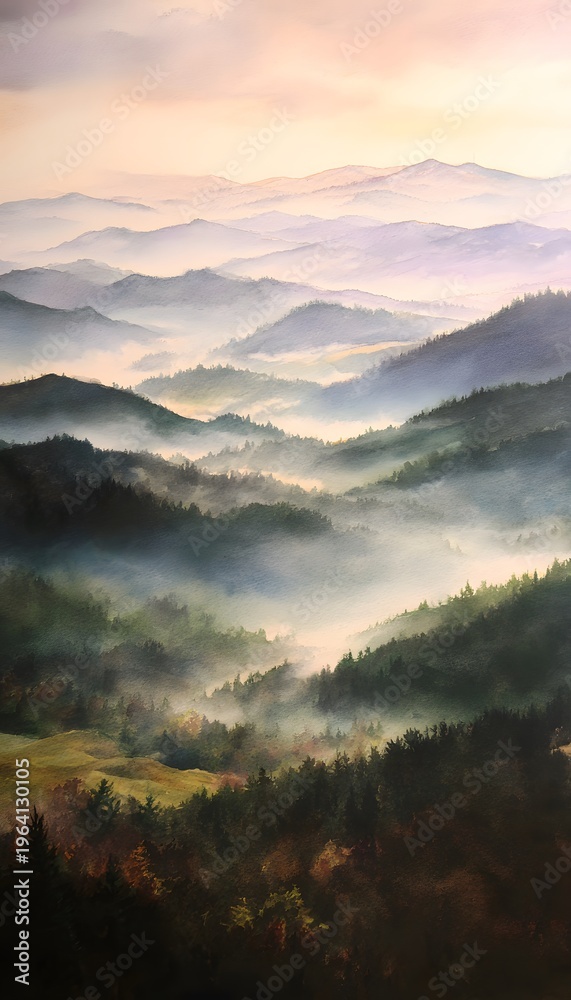 Naklejka premium Serene mountain vista bathed in warm sunlight a tranquil watercolor landscape illustration