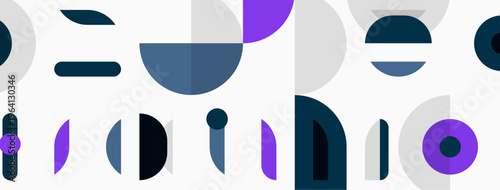 Abstract geometric shapes, purple, gray, white. Minimalist design, repeating patterns, modern aesthetic. Clean lines, simple forms, balanced composition.