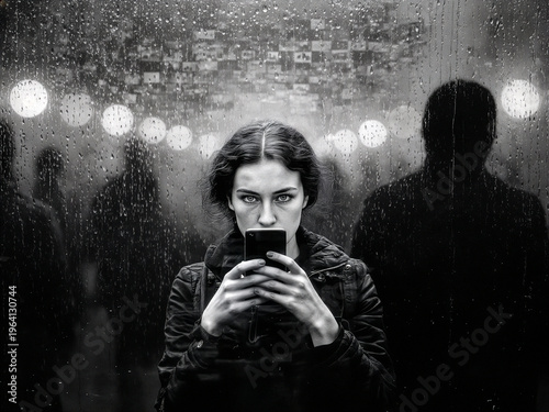 Wallpaper Mural Young Woman with Intense Gaze Holding Smartphone Behind Rainy Window Aesthetic Torontodigital.ca