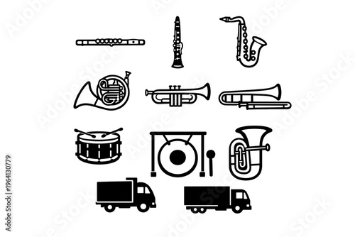 Essential music ensemble and logistics icons; collection of orchestral instruments and transport vehicles depicted in clear, minimalist line art