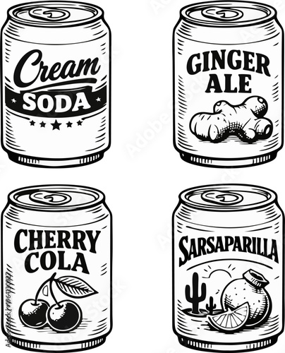 Φωτογραφία Vintage Retro Soda Can Collection Set - Black and White Engraving Style Cream So
