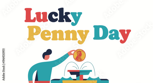 Man tossing coin into fountain in colorful illustration for finance and luck concept in vibrant cartoon style with bright colors and flat design for web and mobile use