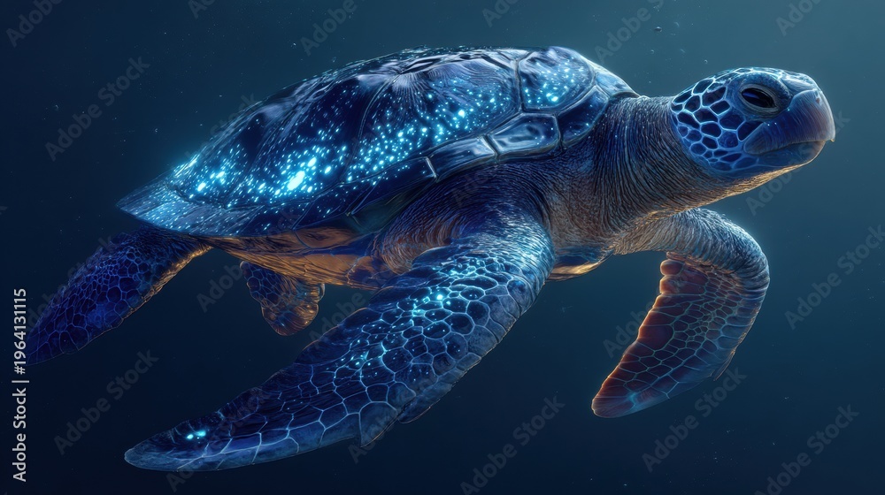 Fototapeta premium Bioluminescent sea turtle swimming underwater with glowing shell and flippers isolated