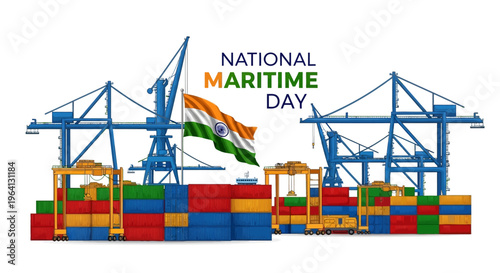 A colorful illustration of a shipping yard with cranes and containers celebrating National Maritime Day in India with a vector design and Indian flag