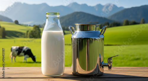 Cow Grazing with Milk Jugs on Green Pasture - Dairy Farm Scene illustration