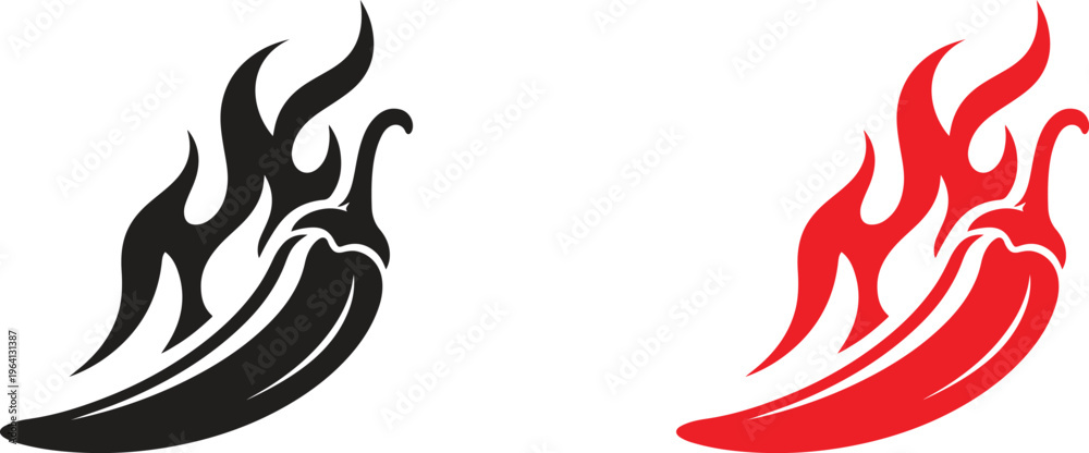 Obraz premium Flaming Chili Pepper Icon Set – Hot Spicy Food Symbol, Fire Pepper Silhouette, Mexican Cuisine Minimal Vector Design