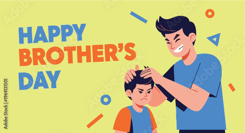 Happy Brothers Day colorful illustration with smiling brothers in playful mood on yellow background for greeting card