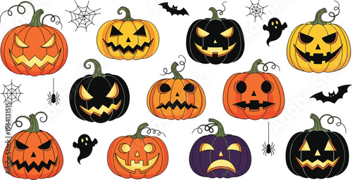 Halloween jack o lantern pumpkin set with scary faces bats ghosts and spiders in hand drawn vector illustration style