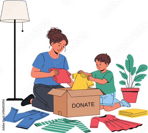Family unpacking new home items and organizing together in a cozy room Vector
