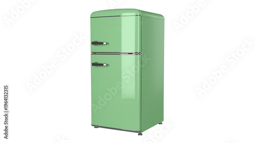 Pale green retro fridge with brand name and chrome accents refrigerator isolated on a transparent background