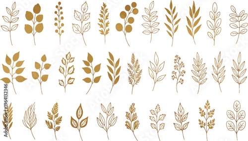 Gold and White Leaf Set for Botanical, Floral, and Nature-Inspired Designs in Graphic and Decorative Projects